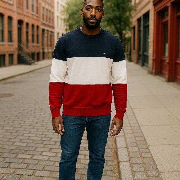 Tommy Hilfiger Mens Colorblock Crewneck Sweater XL Premium Cotton Navy White Red - Picture 1 of 11